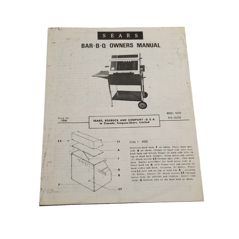 Sears Bar-B-Q Owners Manual Barbecue Grill Model 5520 Stock No 916-55200 Book